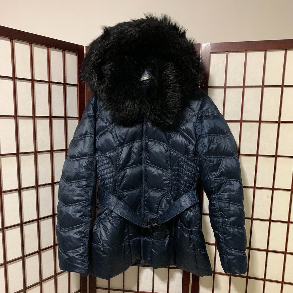 Blue Laundry by Shelli Segal down Puffer coat jacket faux fur trim hood & collar